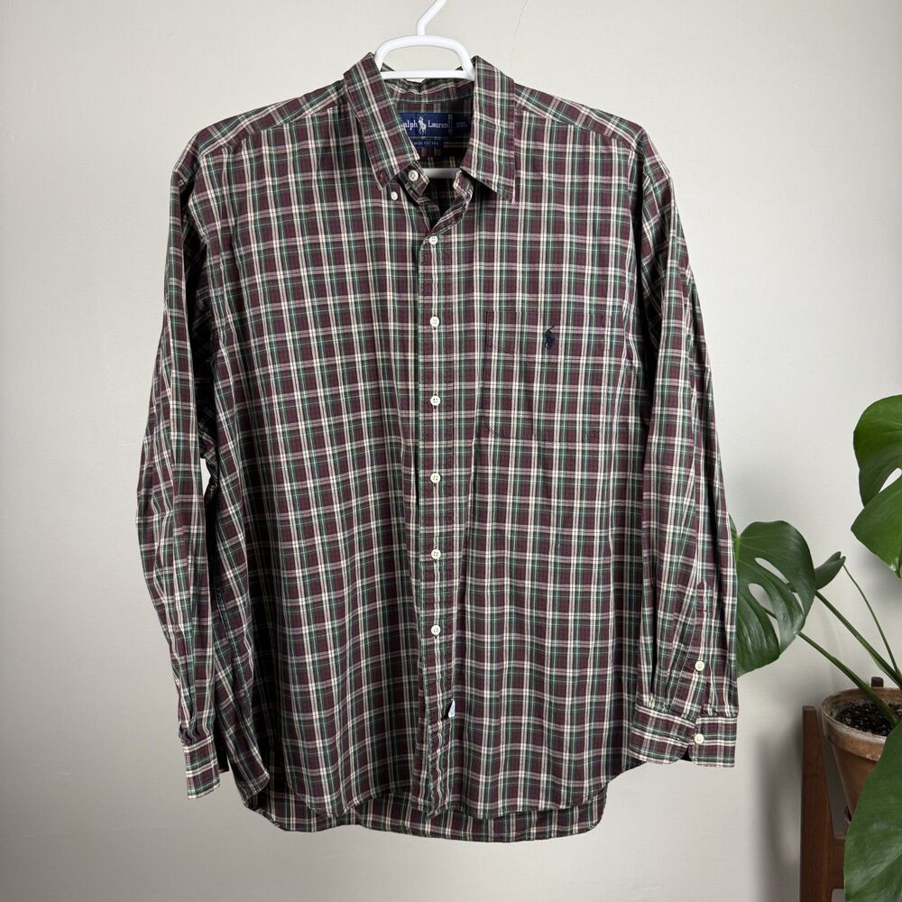 Vintage Ralph Lauren Plaid Shirt XXL Oversized Cotton Button Down Dark Academia
